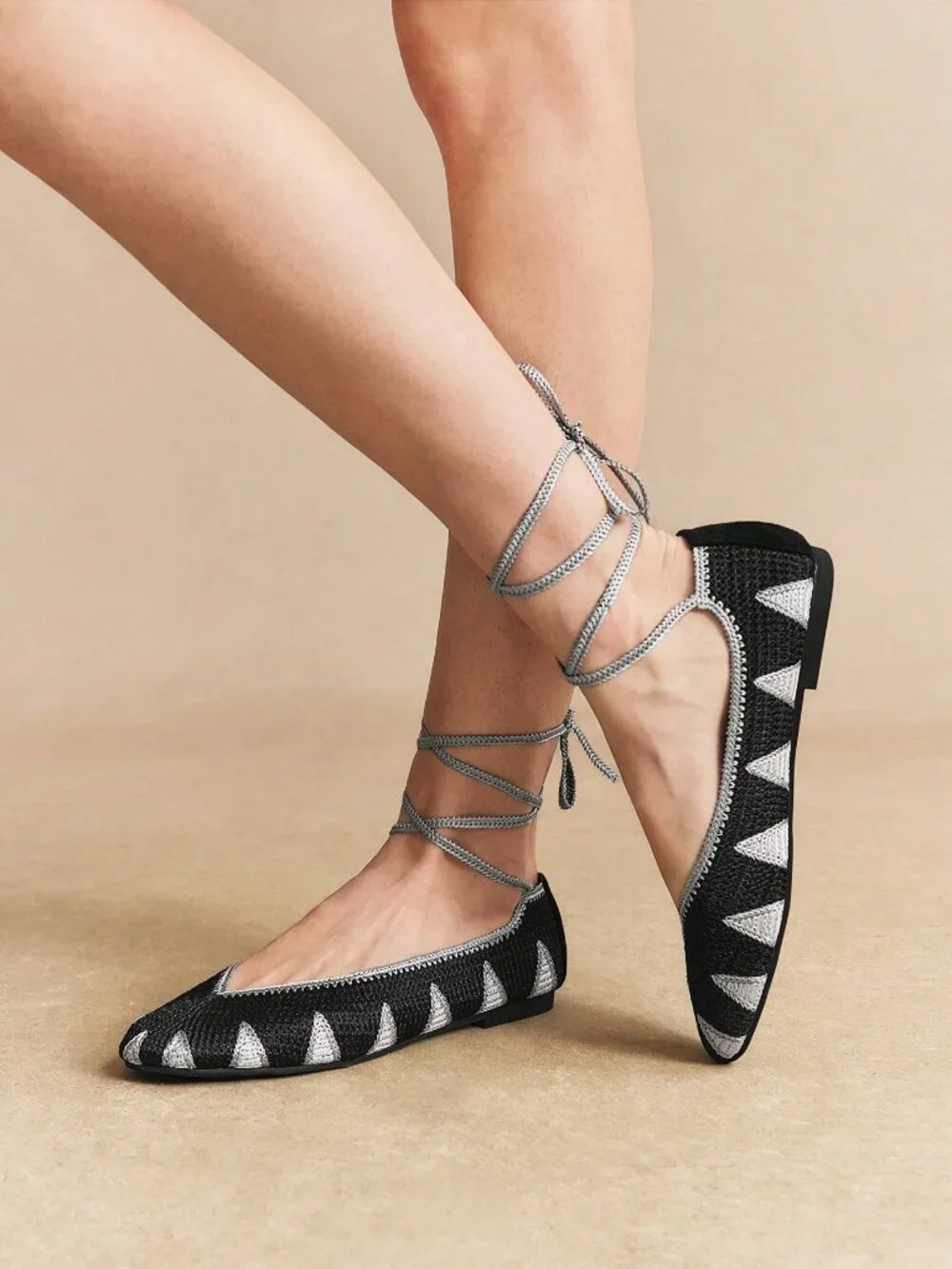 Black Casual Women's Crochet Effect Ankle Strap Round Toe Flat Shoes